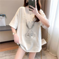 Real time cartoon hot drill loose fitting short sleeve T-shirt women's fashion 2021 new summer top Korean version bottom coat
