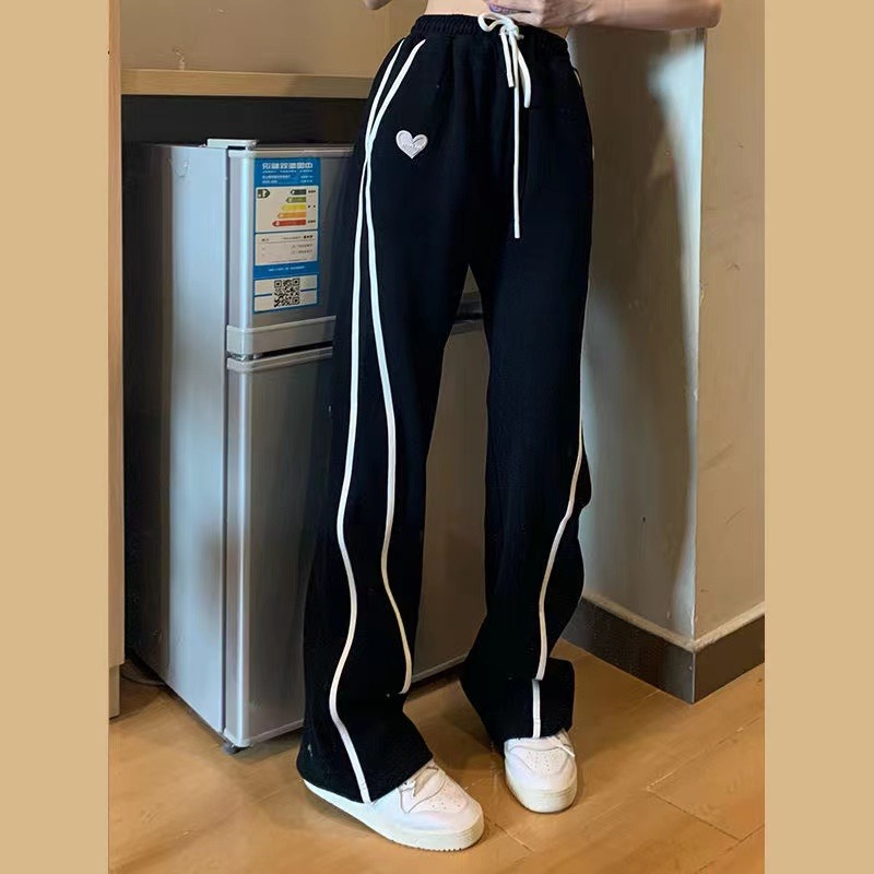 Ins wind sports pants women summer new loose black straight pants side stripes hanging wide leg pants casual pants