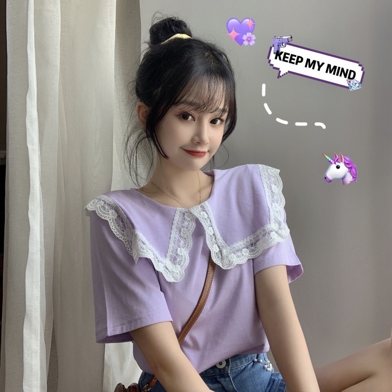 Sweet lace doll neck short sleeve T-shirt women's summer design sense of minority loose Korean black top