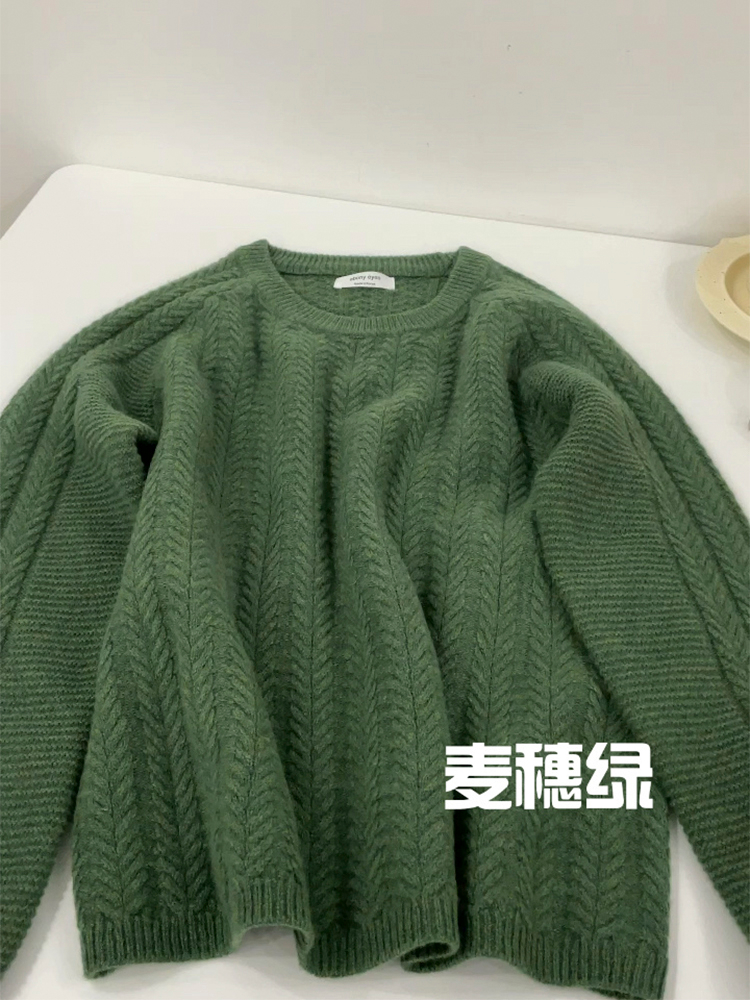 Green twist pullover sweater women's spring, autumn, autumn and winter design sense niche loose lazy style high-end knitted top