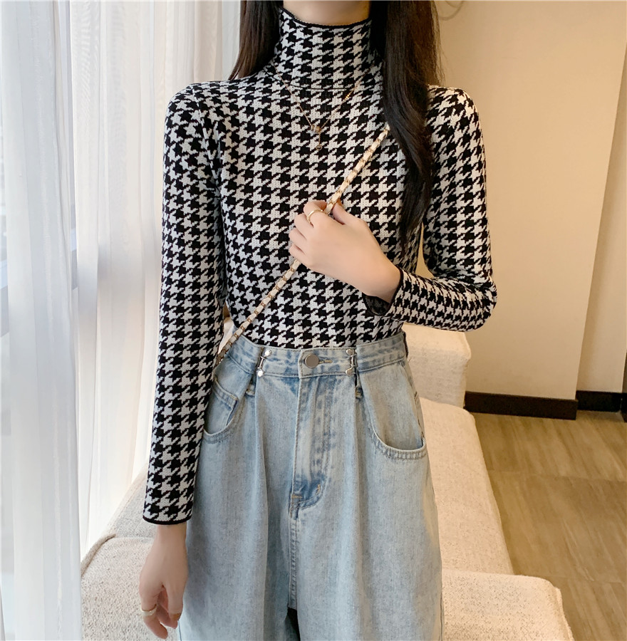 Real shooting of high collar bottoming shirt women's autumn and winter foreign fashion 2021 new bottoming shirt thousand bird check sweater