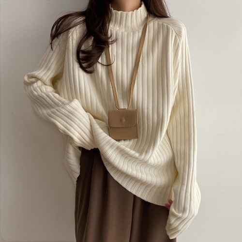 Large size coffee color sweater women's autumn and winter new fat mm mid-length loose and lazy wind half turtleneck knitted bottoming shirt