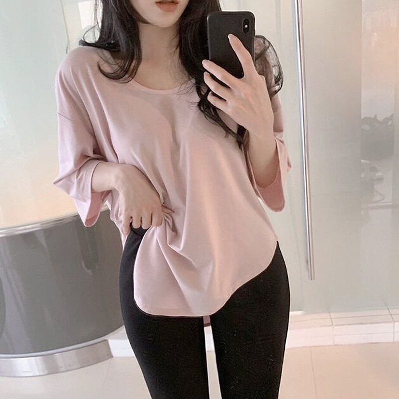 Size updated chic summer basic V-neck collarbone exposed short sleeve T-shirt women's loose split top