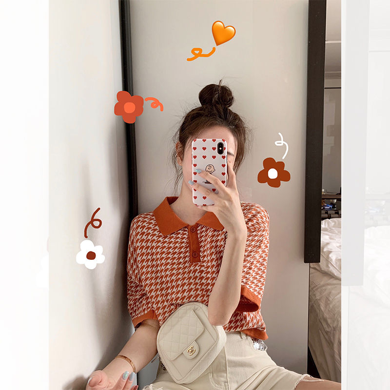 Rouwanbay meat finish net red short sleeve T-shirt women's super hot knitting loose thousand bird check Polo neck short