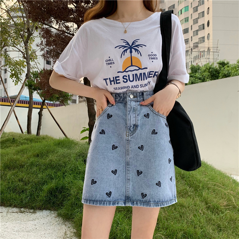 Real shot short skirt new high waist A-line skirt love embroidery design half length skirt women's small denim skirt