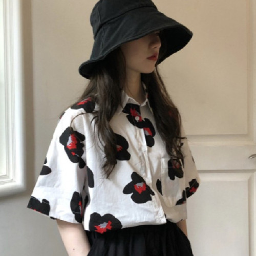 Official website: printed shirt women's Retro Hong Kong Style  summer new Korean loose design Short Sleeve Shirt