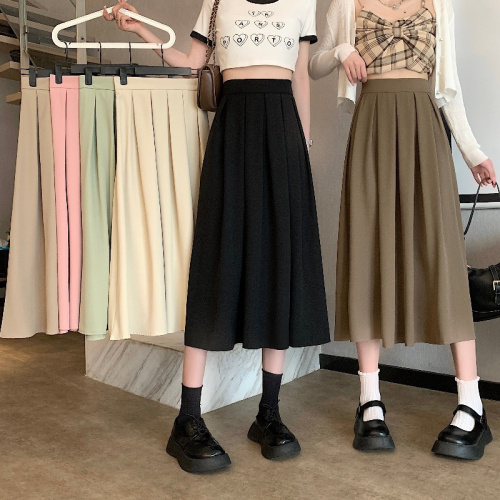 Pear shaped figure covered crotch black half length skirt for women in spring, high waisted, slim and draped feeling, long skirt, small figure, pleated skirt
