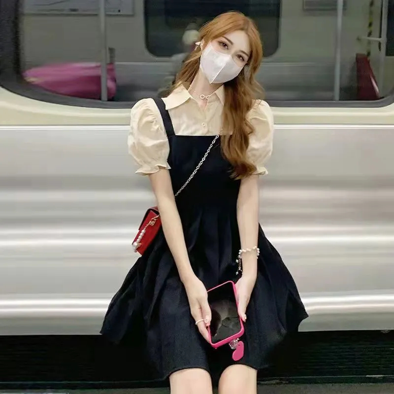 Fake two-piece suspender dress female student 2023 summer new Korean version of college style slim hot girl a-line skirt