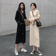 2020 new Korean version of super immortal French minority dress over knee breasted open pocket long sleeve wool skirt