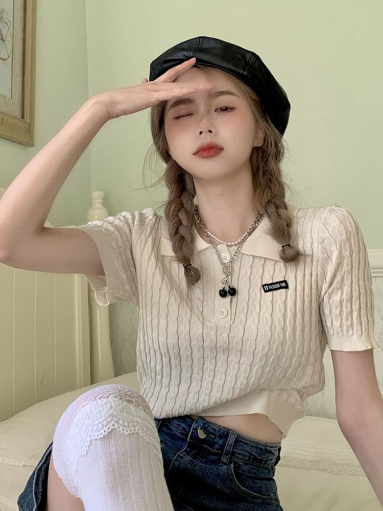 Fishing system pulls sister hot girl spring navel top design with holes short strappy long-sleeved blouse sexy knitwear