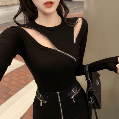 Design sense zipper slim fit T-shirt 2020 autumn new style show thin bottom long sleeve careful machine short top women fashion