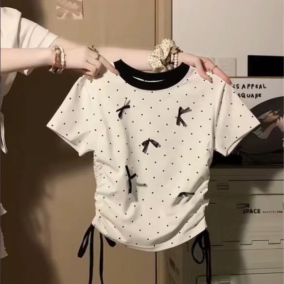 Printed 40 count 92 cotton 8 spandex sweet and spicy ballet style drawstring waist short-sleeved T-shirt for women