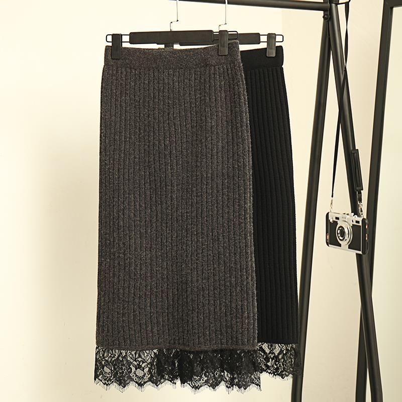 Lace knitted half skirt autumn and winter high waist show thin, medium length split buttock one-step skirt thickened wool long skirt