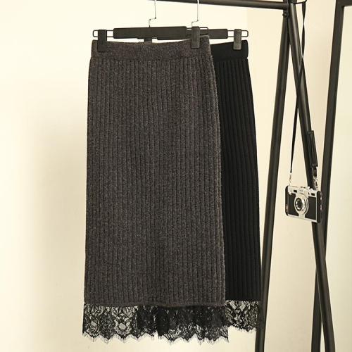 Lace knitted half skirt autumn and winter high waist show thin, medium length split buttock one-step skirt thickened wool long skirt
