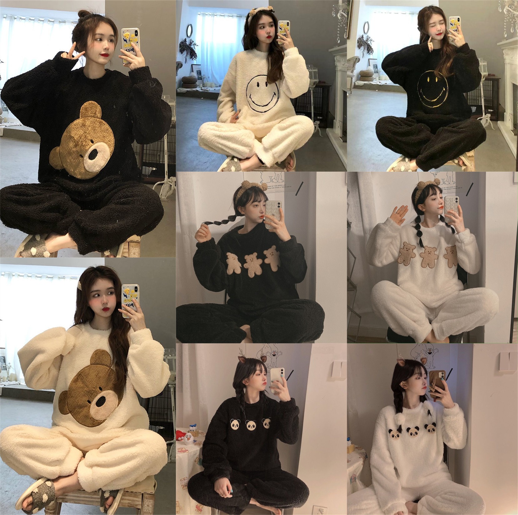 Real shooting autumn and winter pajamas women's thickened coral velvet cartoon two-piece suit round neck flannel home suit