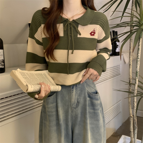 Real price real price Autumn and winter new POLO tie design sense contrast color stripe embroidery wild knitted top women