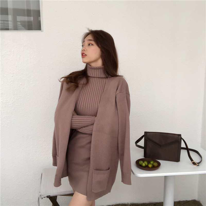 Real price high neck Pullover Sweater loose long sleeve cardigan three piece skirt