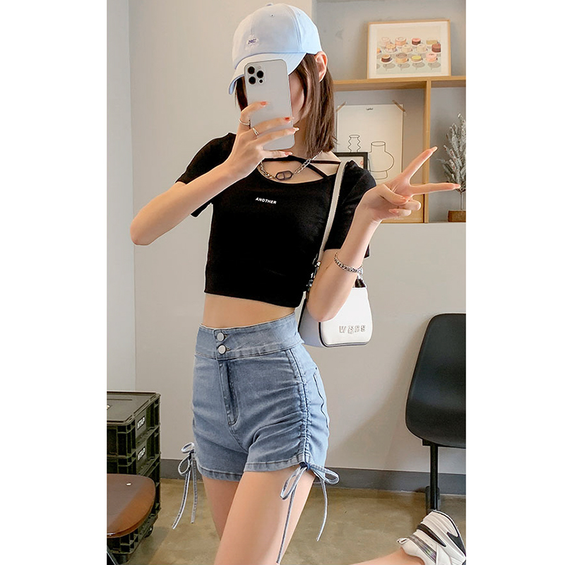 Niche design sense strap drawstring 2023 new denim hot girl high waist a word bag hip shorts women