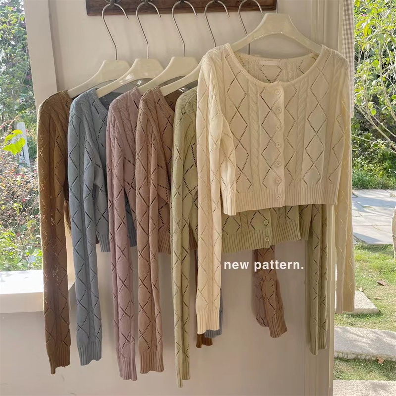 Real shot~Single-breasted round neck textured long-sleeved sweater for women 2023 spring Korean style sweet and versatile top