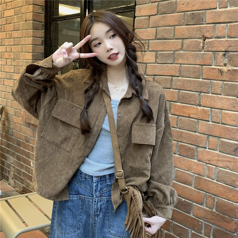 Real shooting real price Korean retro wild short corduroy shirt women's single-breasted lapel loose long-sleeved jacket