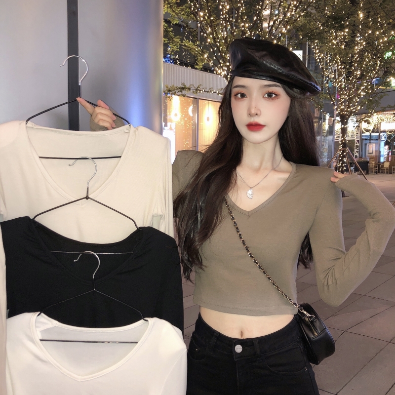 Real shot with ammonia double-sided German velvet new high waist short V collar bottom shirt women's long sleeves