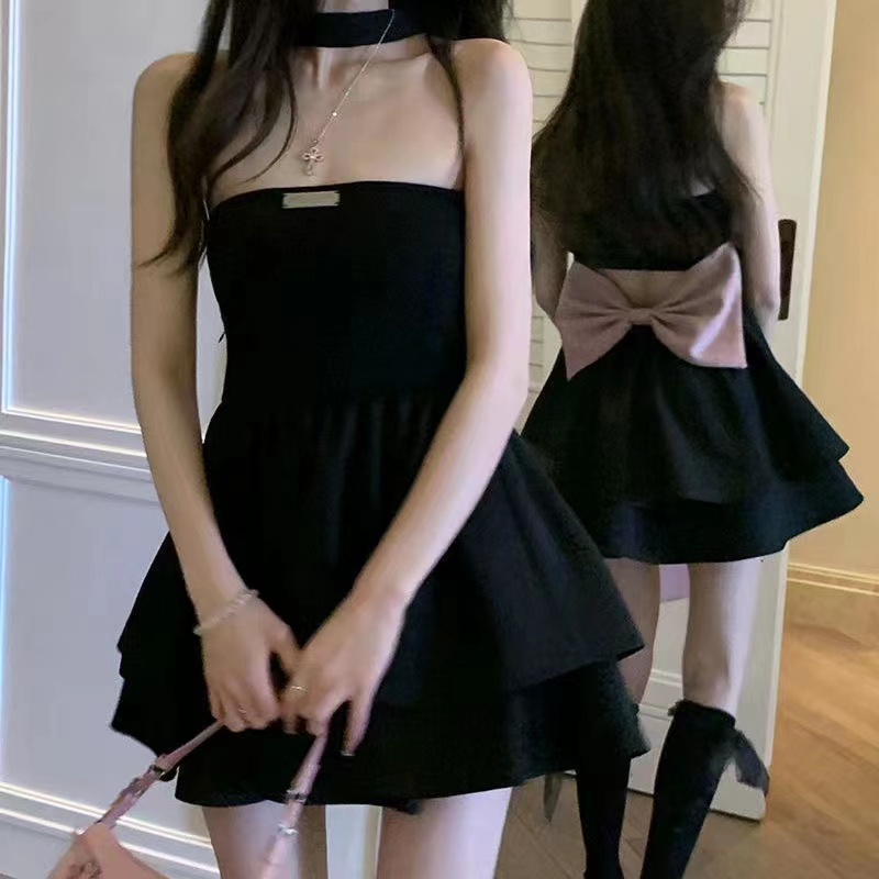 Hot Girl Pure Desire Dress Summer 2023 New Women's Slim Backless Black Bow Hepburn Style Little Black Dress