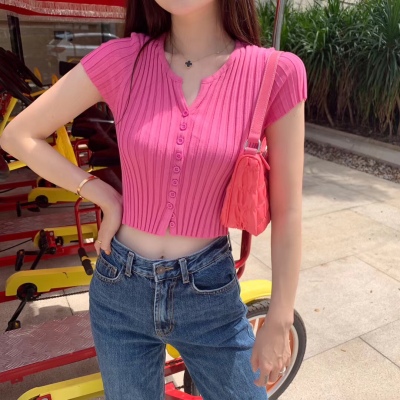 Koumiya summer 2020 new V-neck high waist exposed navel short slim fit net red ice silk knitted short sleeve T-shirt for women