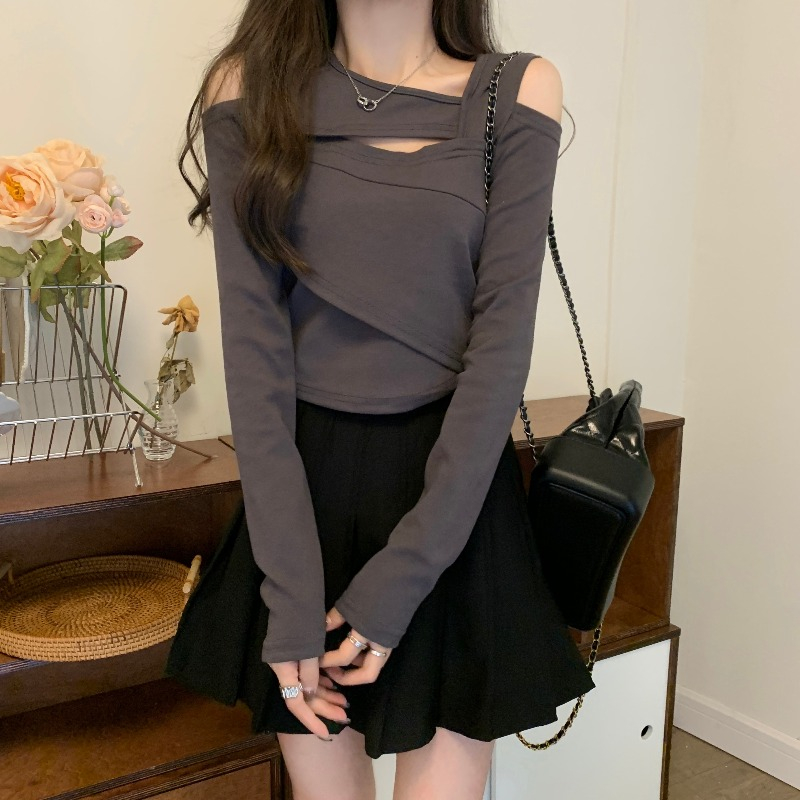 Spice girl off-shoulder long-sleeved t-shirt women's spring clothing design sense is unique and chic