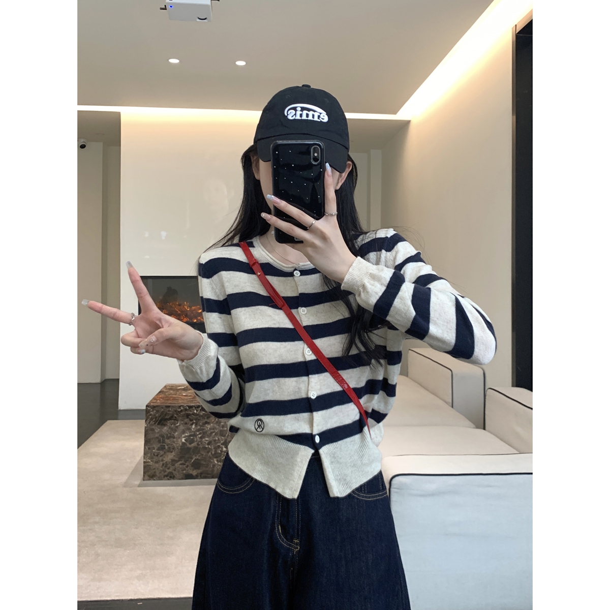 Actual shot of autumn and winter Korean style versatile contrasting color striped single-breasted 6 wool knitted long beard cardigan jacket