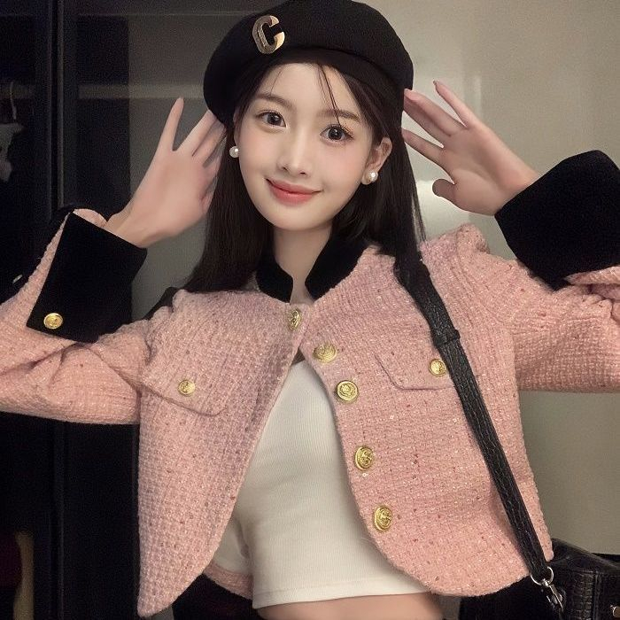 Xiaoxiangfeng short style contrast color splicing woolen coat autumn and winter 2022 new design western style woolen top women's clothing
