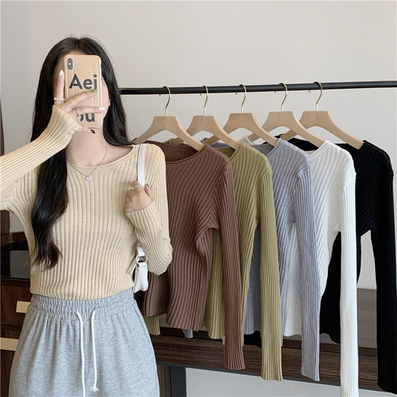 Real shooting real price Slim fit and thin all-match basic long-sleeved knitted bottoming shirt T-shirt top women