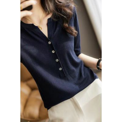 Xiaohange medium sleeve woolen knitwear thin short sleeve top design