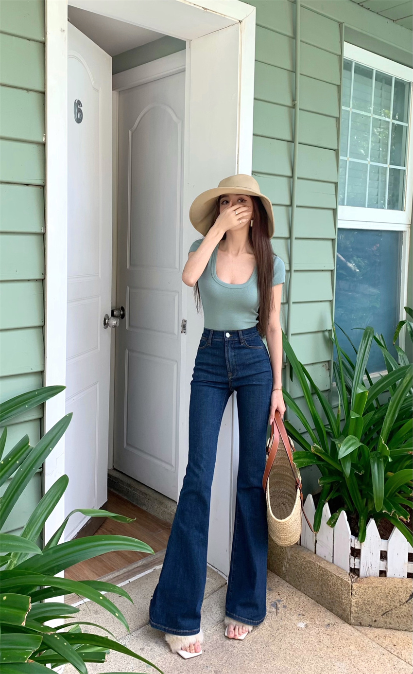 Real price retro long leg slimming flared high waist denim trousers