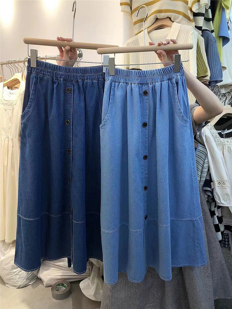 Real shooting of the new Korean high waist stitched A-line skirt, medium length pocket casual denim skirt