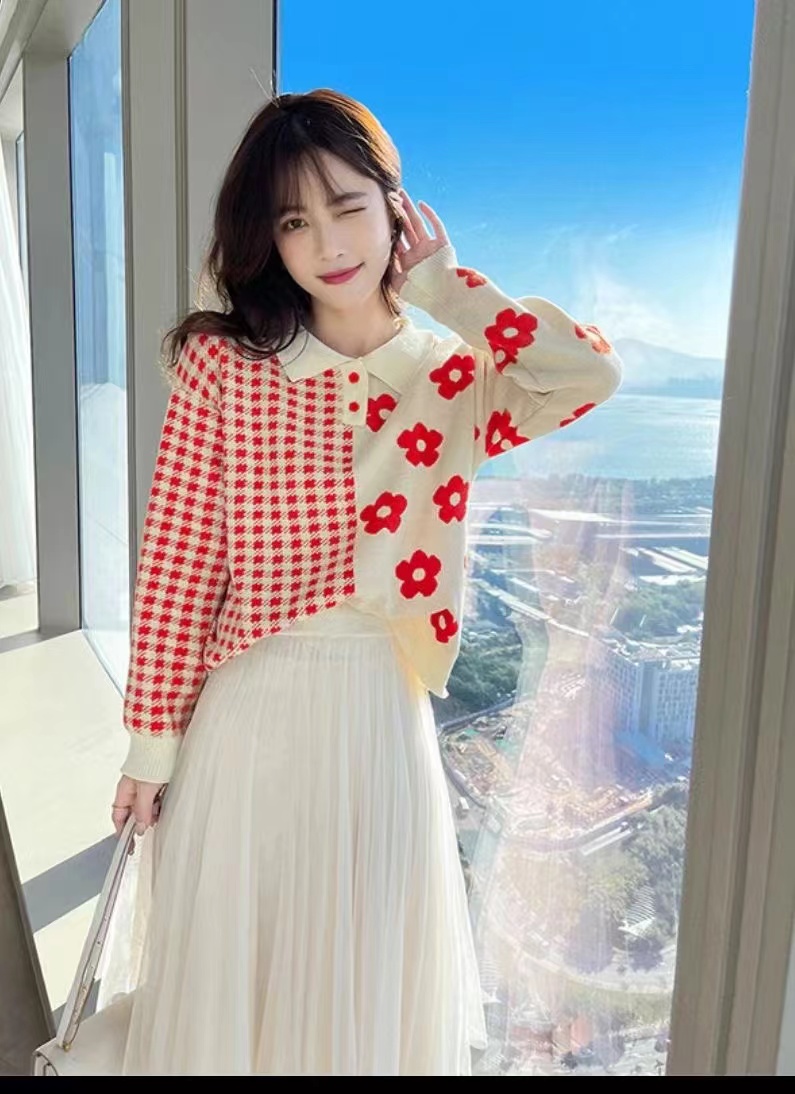 Autumn and winter new Korean first love sweet wind lapel contrast color jacquard loose long-sleeved top