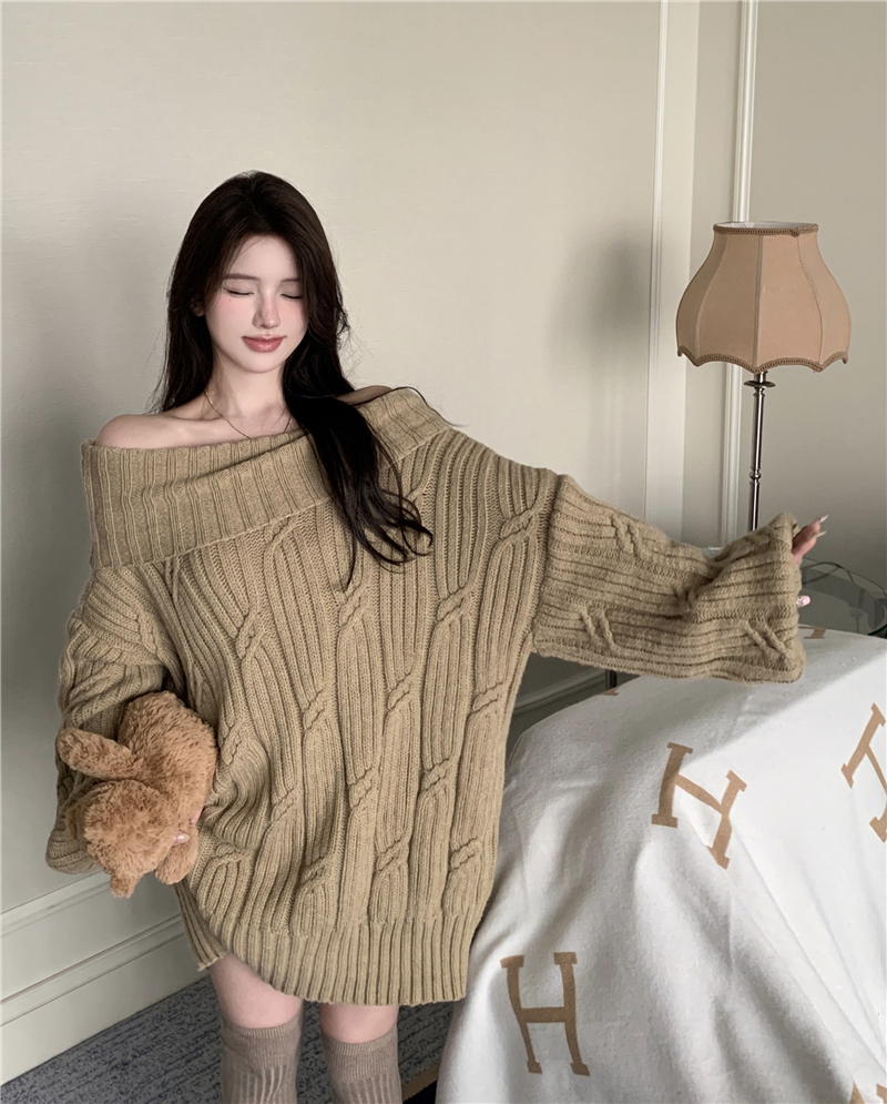 Real shooting real price Lapel strapless warm soft waxy loose lazy wind thickened sweater women's autumn and winter