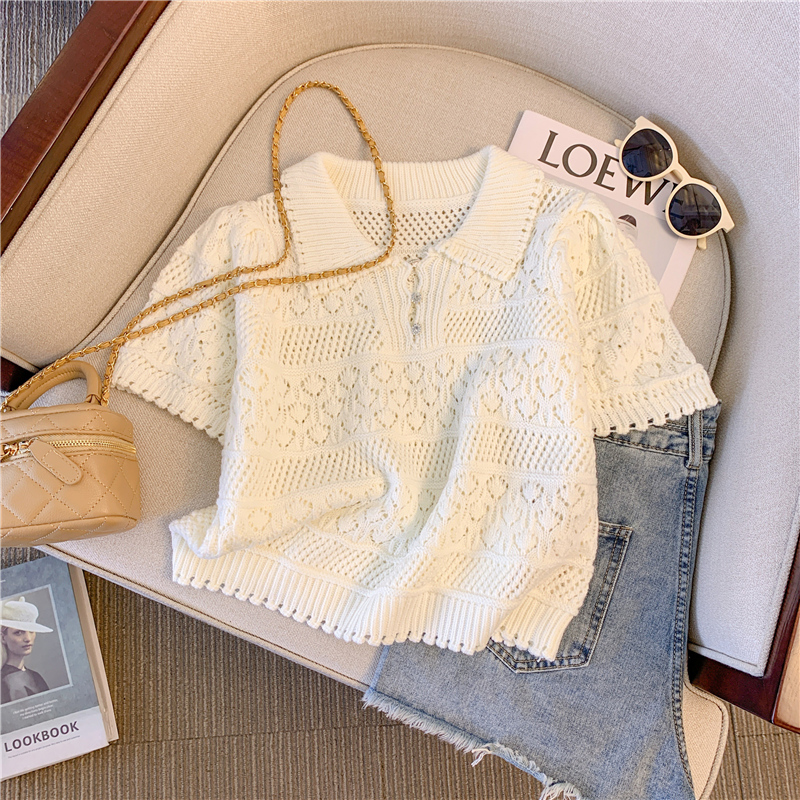 Real shot of French sweet summer top women's short unique thin crocheted hollow polo collar sweater