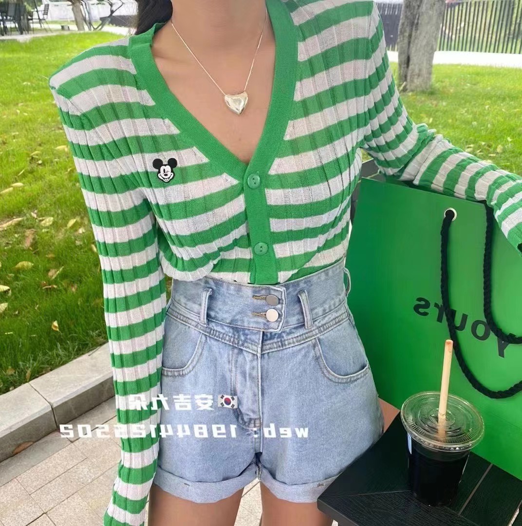 Korean summer new design feeling Mickey embroidery contrast stripe ice silk knitted cardigan sunscreen top