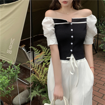 French top women's summer design small crowd one shoulder large collar short open navel bubble sleeve T-shirt short sleeve shirt