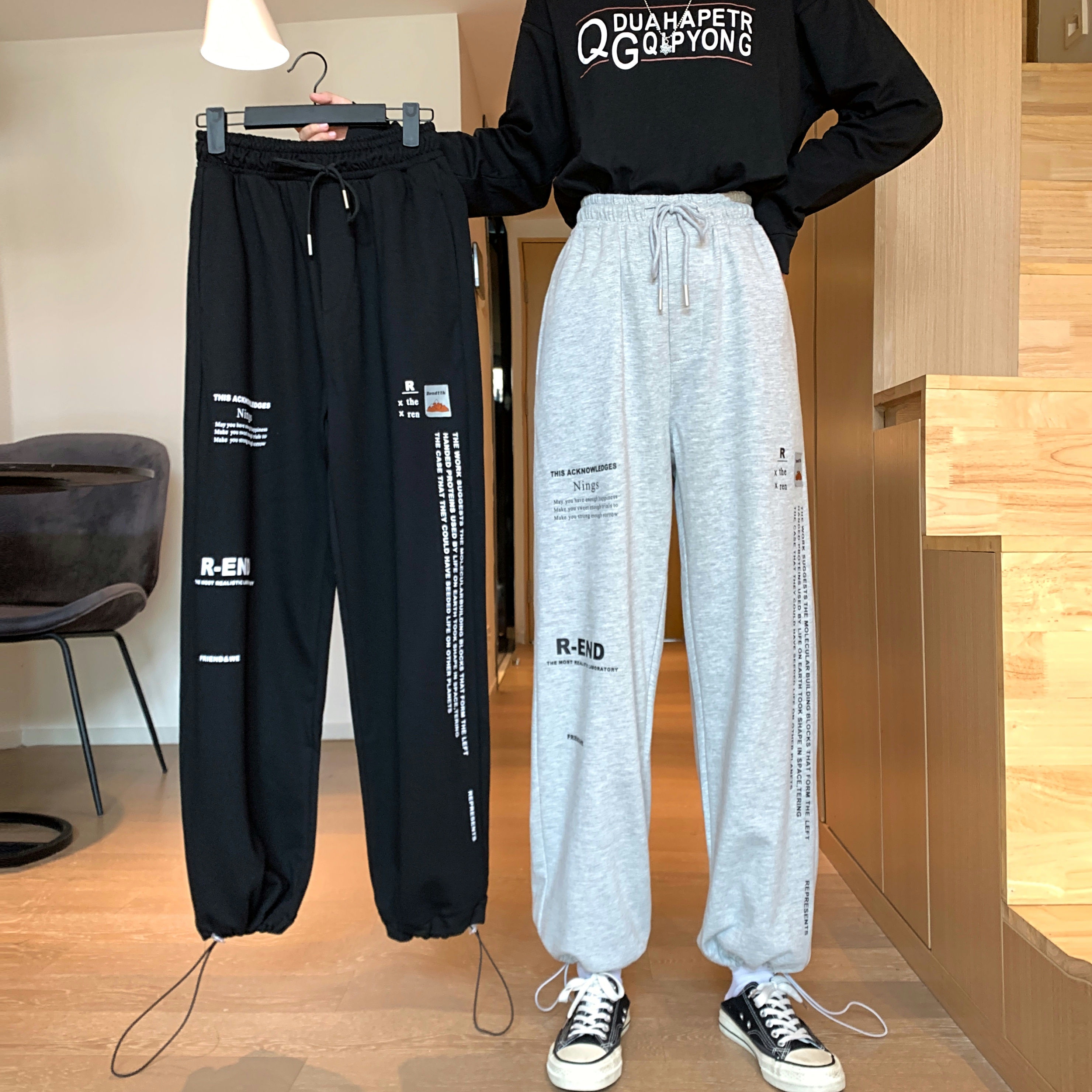 Actual shooting - spring and autumn Korean version loose neutral style ins Street trend couple simple Leggings wide leg Harlan pants women
