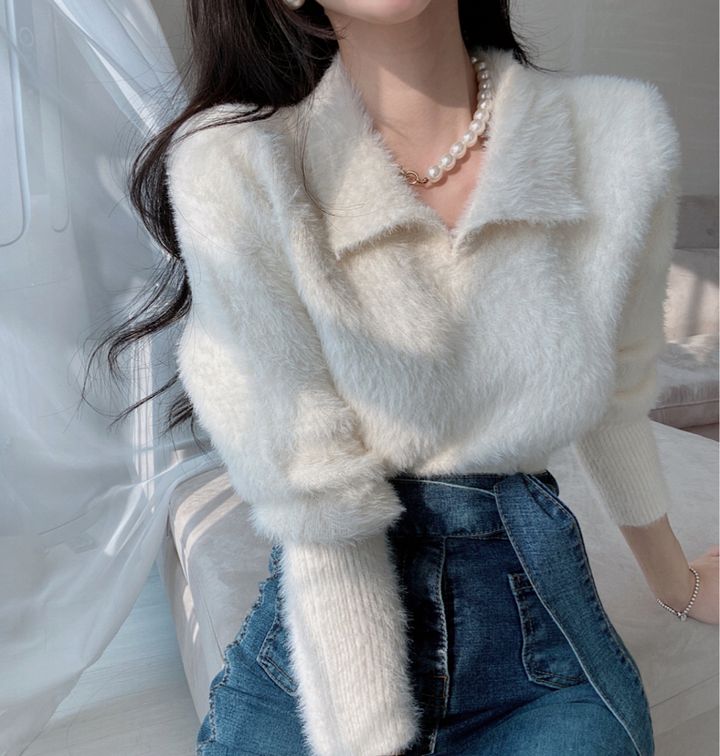 2022 soft waxy mink fleece sweater women's autumn and winter bf solid color all-match western style long-sleeved POLO lapel knitted sweater top