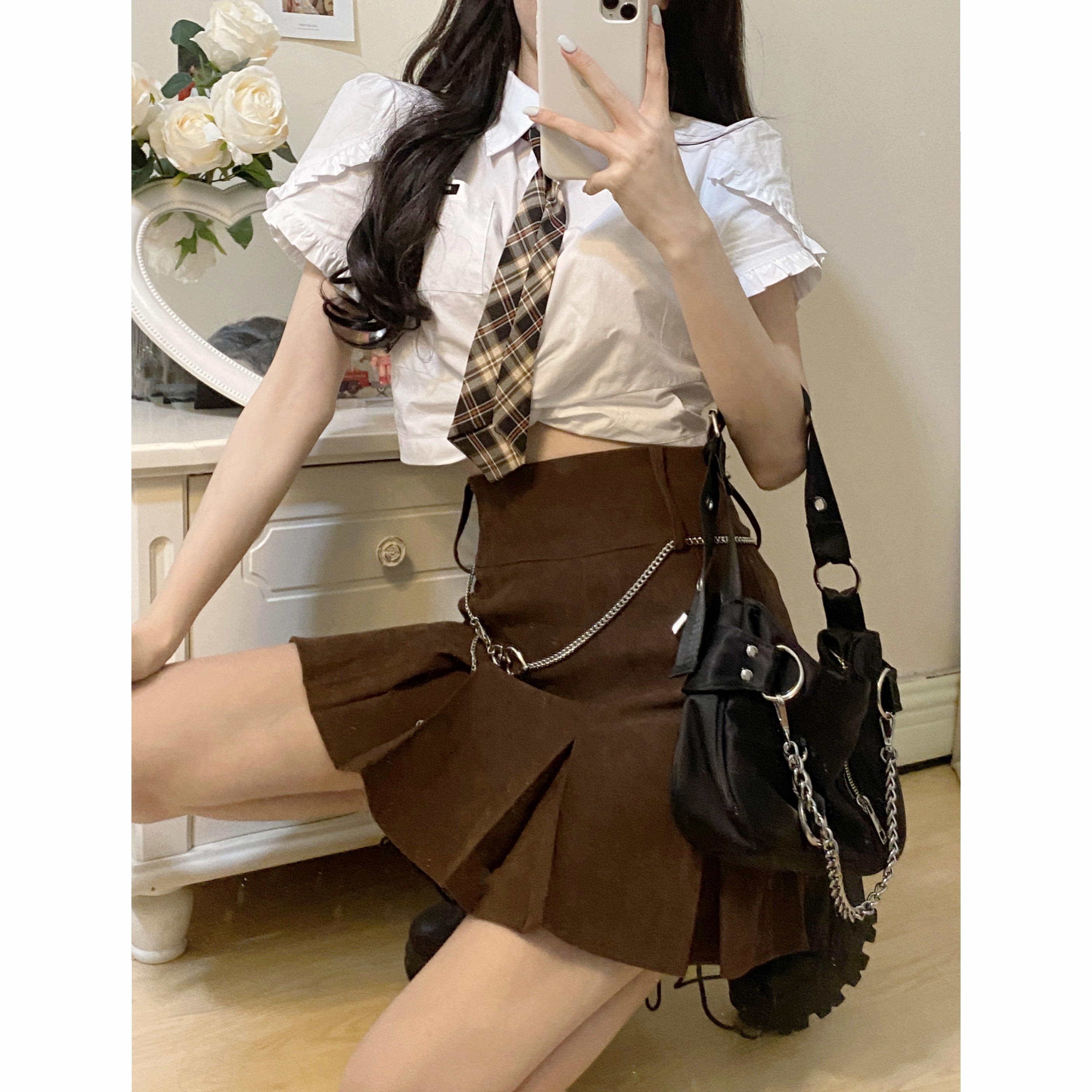 Realistic design short white shirt with knot + New Korean high waisted slim trouser skirt