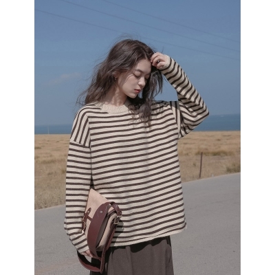 Lunch break all staff reserved striped woolen sweater coat women's autumn and winter loose lazy knitwear Japanese top