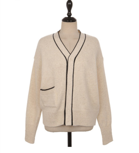 Korean ins style simple line color matching side pocket V-neck knitted cardigan loose coat sweater