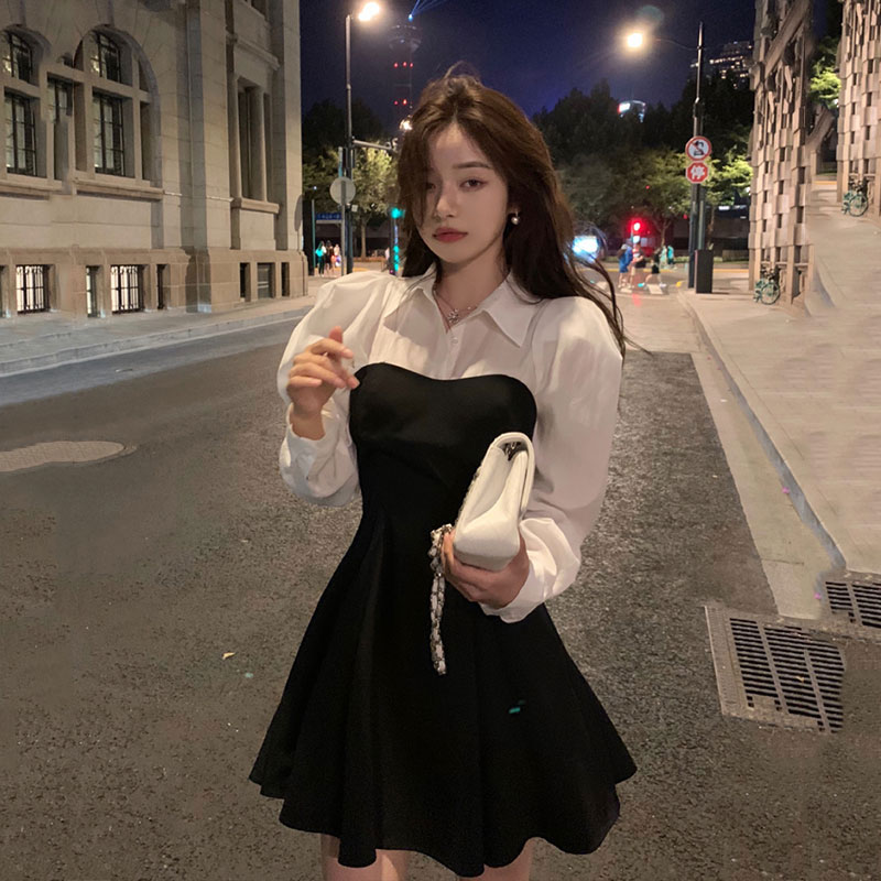 Fake two-piece dress women's new autumn design shirt skirt children's waist French small black skirt
