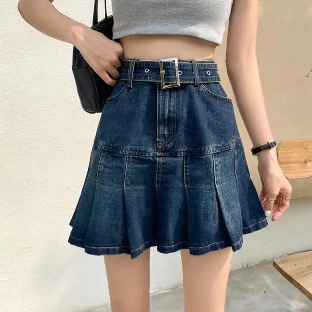 Ins design denim pleated skirt for women summer new high waist student loose versatile slim short skirt trend