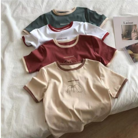 2023 summer new color-blocking slim-fit short-sleeved T-shirt women's summer bottoming shirt