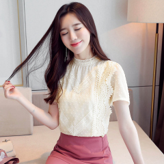 South Korean white short lace bottomed shirt women's 2021 summer new Korean Style Short Sleeve Chiffon shirt women's top