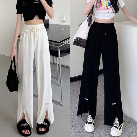 Slit wide-leg pants for women 2023 spring and summer new fat mm thin high-waist drape slim floor-length straight trousers