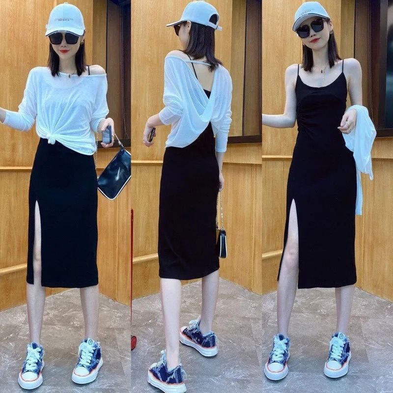 New sunscreen vest dress women's summer temperament fashion foreign style age reduction split suspender dress two-piece set
